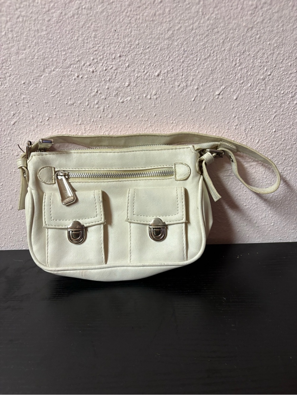 Ivory Y2K Shoulder Bag Multi Pocket Silver Hardware Baguette Purse